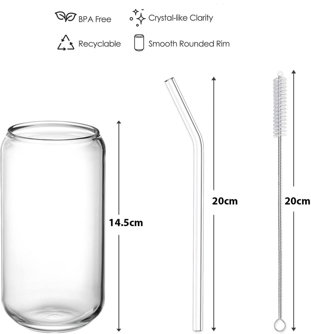 Drinking Glasses with Bamboo Lid & Glass Straw- Set of 4 500 ml