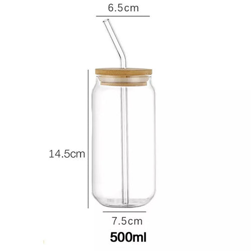 Drinking Glasses with Bamboo Lid & Glass Straw- Set of 4 500 ml